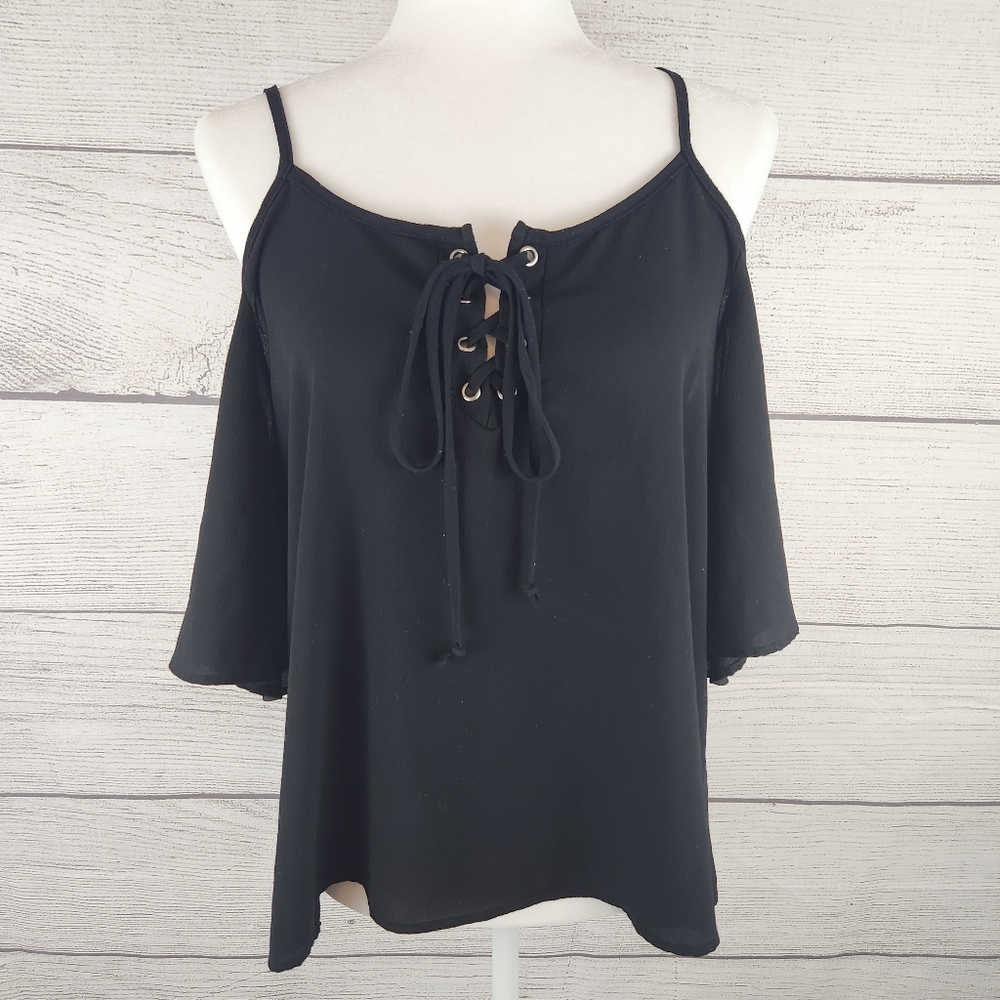 Touch Blue Lace up Front Off the Should Blouse